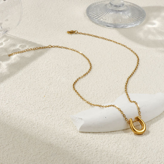 Bild von 18K Echtgold plattiert Kreuz Gliederketten Hufeisen Anhänger Halskette, 304 Edelstahl 45cm + 5cm, Unisex, Exquisit West-Cowboy Geschenk, Umweltfreundliche PVD-Vakuumbeschichtung, 1 Strang