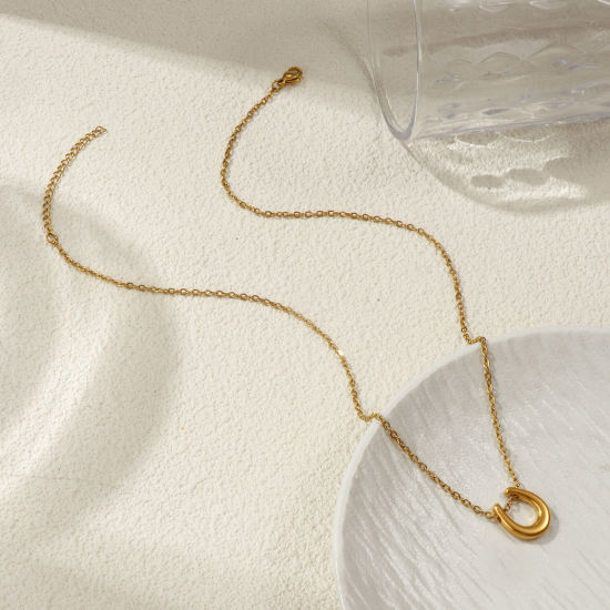 Bild von 18K Echtgold plattiert Kreuz Gliederketten Hufeisen Anhänger Halskette, 304 Edelstahl 45cm + 5cm, Unisex, Exquisit West-Cowboy Geschenk, Umweltfreundliche PVD-Vakuumbeschichtung, 1 Strang