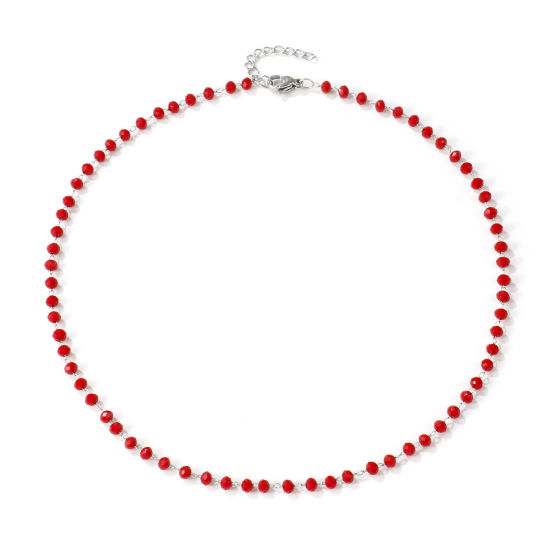 Изображение Серебряный Тон Цепочка из бисера Колье Ожерелье, 304 Нержавеющая Сталь+Кристалл 38см + 3см, Для женщин, Вишневый Цвет Шлифованный, Изысканный подарок, Экологичный, 1 ШТ