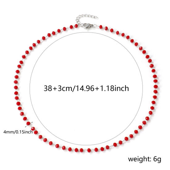 Изображение Серебряный Тон Цепочка из бисера Колье Ожерелье, 304 Нержавеющая Сталь+Кристалл 38см + 3см, Для женщин, Вишневый Цвет Шлифованный, Изысканный подарок, Экологичный, 1 ШТ