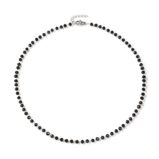 Изображение Серебряный Тон Цепочка из бисера Колье Ожерелье, 304 Нержавеющая Сталь+Кристалл 38см + 3см, Для женщин, Черный Шлифованный, Изысканный подарок, Экологичный, 1 ШТ