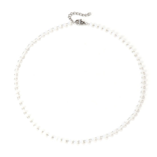 Изображение Серебряный Тон Цепочка из бисера Колье Ожерелье, 304 Нержавеющая Сталь+Кристалл 38см + 3см, Для женщин, Белый Шлифованный, Изысканный подарок, Экологичный, 1 ШТ