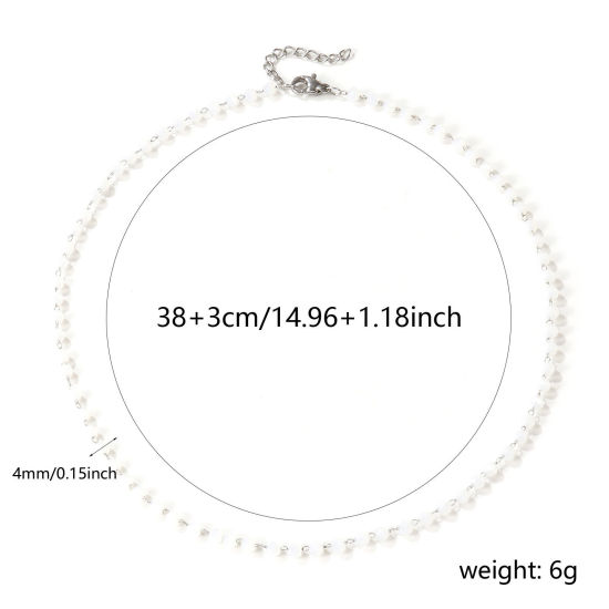 Изображение Серебряный Тон Цепочка из бисера Колье Ожерелье, 304 Нержавеющая Сталь+Кристалл 38см + 3см, Для женщин, Белый Шлифованный, Изысканный подарок, Экологичный, 1 ШТ