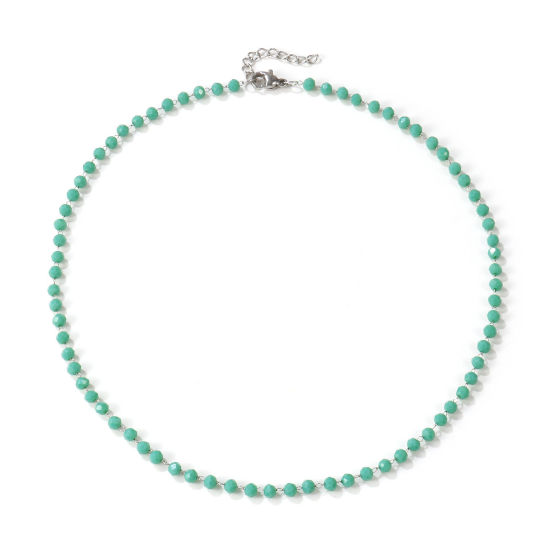 Изображение Серебряный Тон Цепочка из бисера Колье Ожерелье, 304 Нержавеющая Сталь+Кристалл 38см + 3см, Для женщин, Светло-зеленый Шлифованный, Изысканный подарок, Экологичный, 1 ШТ