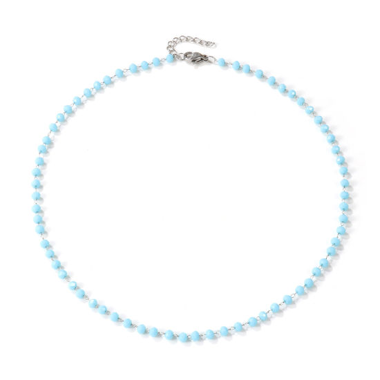 Изображение Серебряный Тон Цепочка из бисера Колье Ожерелье, 304 Нержавеющая Сталь+Кристалл 38см + 3см, Для женщин, Светло-синий Шлифованный, Изысканный подарок, Экологичный, 1 ШТ