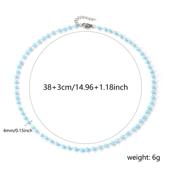 Изображение Серебряный Тон Цепочка из бисера Колье Ожерелье, 304 Нержавеющая Сталь+Кристалл 38см + 3см, Для женщин, Светло-синий Шлифованный, Изысканный подарок, Экологичный, 1 ШТ
