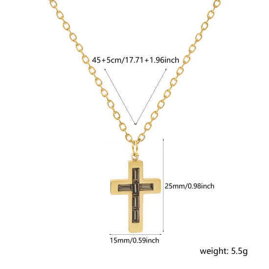 Imagen de 18K Oro Real Chapado Cadena de Cable Cruz Cruz Collar con Colgante, 304 Acero Inoxidable 45cm + 5cm, Para Mujeres, Gris Rhinestone Junio Piedra de Nacimiento Religión Recubrimiento al Vacío PVD Ecológico, 1 Unidad