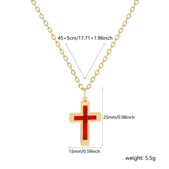 Imagen de 18K Oro Real Chapado Cadena de Cable Cruz Cruz Collar con Colgante, 304 Acero Inoxidable 45cm + 5cm, Para Mujeres, Rojo Rhinestone Julio Piedra de Nacimiento Religión Recubrimiento al Vacío PVD Ecológico, 1 Unidad