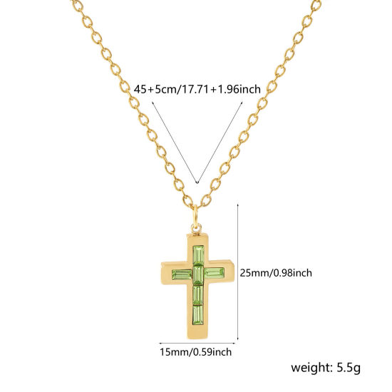 Imagen de 18K Oro Real Chapado Cadena de Cable Cruz Cruz Collar con Colgante, 304 Acero Inoxidable 45cm + 5cm, Para Mujeres, Verde Claro Rhinestone Agosto Piedra de Nacimiento Religión Recubrimiento al Vacío PVD Ecológico, 1 Unidad