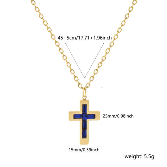 Imagen de 18K Oro Real Chapado Cadena de Cable Cruz Cruz Collar con Colgante, 304 Acero Inoxidable 45cm + 5cm, Para Mujeres, Azul Marino Rhinestone Septiembre Piedra de Nacimiento Religión Recubrimiento al Vacío PVD Ecológico, 1 Unidad