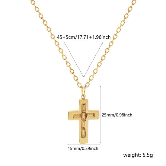 Imagen de 18K Oro Real Chapado Cadena de Cable Cruz Cruz Collar con Colgante, 304 Acero Inoxidable 45cm + 5cm, Para Mujeres, Champán Rhinestone Noviembre Piedra de Nacimiento Religión Recubrimiento al Vacío PVD Ecológico, 1 Unidad