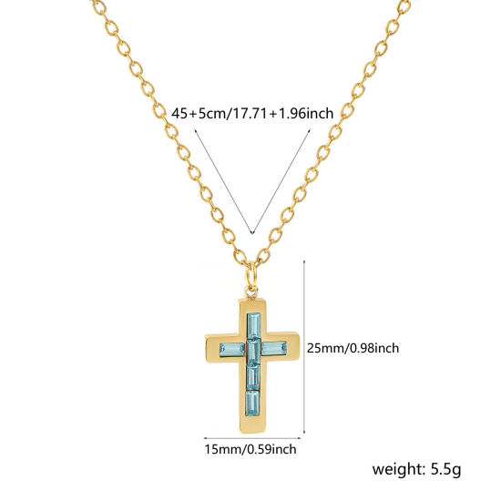 Imagen de 18K Oro Real Chapado Cadena de Cable Cruz Cruz Collar con Colgante, 304 Acero Inoxidable 45cm + 5cm, Para Mujeres, Azul Zafiro Rhinestone Diciembre Piedra de Nacimiento Religión Recubrimiento al Vacío PVD Ecológico, 1 Unidad