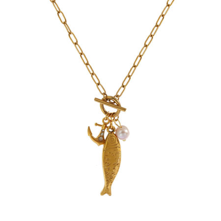 Immagine di 18K Vero Oro Placcato Catena a Graffetta Pesce Collana con Ciondolo, Acciaio Inossidabile 304 & Perla Naturale 45cm, Per Donne, Trasparente Strass Viola Chiaro Elegante Gioielli Oceanici Placcatura Sottovuoto PVD Ecologica, 1 Pz