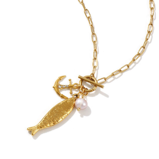 Picture of 18K Real Gold Plated Paperclip Link Chain Fish Animal Pendant Charm Necklace, 304 Stainless Steel & Natural Pearl 45cm(17.7"), For Women, Clear Rhinestone Mauve Stylish Ocean Jewelry Eco-friendly PVD Vacuum Plating, 1 Piece