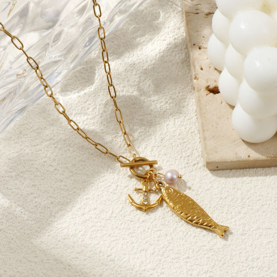 Picture of 18K Real Gold Plated Paperclip Link Chain Fish Animal Pendant Charm Necklace, 304 Stainless Steel & Natural Pearl 45cm(17.7"), For Women, Clear Rhinestone Mauve Stylish Ocean Jewelry Eco-friendly PVD Vacuum Plating, 1 Piece