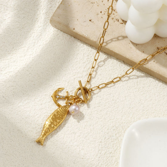Picture of 18K Real Gold Plated Paperclip Link Chain Fish Animal Pendant Charm Necklace, 304 Stainless Steel & Natural Pearl 45cm(17.7"), For Women, Clear Rhinestone Mauve Stylish Ocean Jewelry Eco-friendly PVD Vacuum Plating, 1 Piece