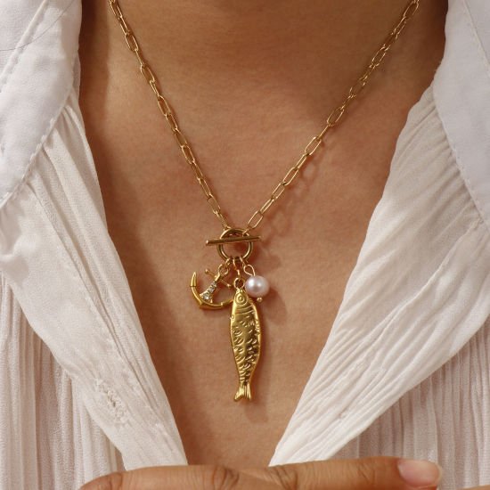 Picture of 18K Real Gold Plated Paperclip Link Chain Fish Animal Pendant Charm Necklace, 304 Stainless Steel & Natural Pearl 45cm(17.7"), For Women, Clear Rhinestone Mauve Stylish Ocean Jewelry Eco-friendly PVD Vacuum Plating, 1 Piece