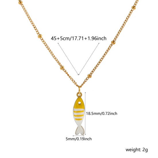 Imagen de 18K Real Gold Plated Curb Link Chain Fish Animal Pendant Charm Necklace, 304 Stainless Steel 45cm(17.7") + 5cm(2"), For Women, Yellow Double-sided Enamel, Stylish Ocean Jewelry Gift, Eco-friendly PVD Vacuum Plating, 1 Piece