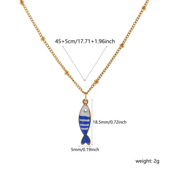Imagen de 18K Real Gold Plated Curb Link Chain Fish Animal Pendant Charm Necklace, 304 Stainless Steel 45cm(17.7") + 5cm(2"), For Women, Blue Double-sided Enamel, Stylish Ocean Jewelry Gift, Eco-friendly PVD Vacuum Plating, 1 Piece