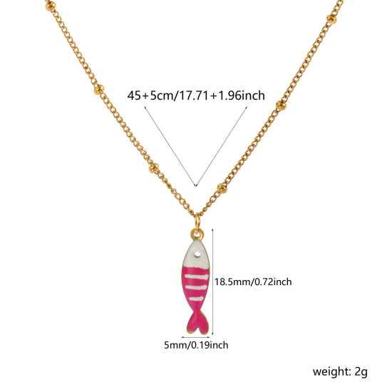 Imagen de 18K Real Gold Plated Curb Link Chain Fish Animal Pendant Charm Necklace, 304 Stainless Steel 45cm(17.7") + 5cm(2"), For Women, Hot Pink Double-sided Enamel, Stylish Ocean Jewelry Gift, Eco-friendly PVD Vacuum Plating, 1 Piece