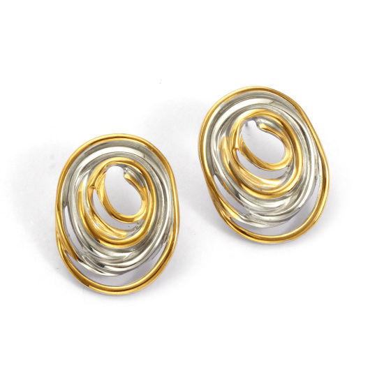 Imagen de 1 Par Recubrimiento al Vacío PVD Ecológico Elegante Exquisito 18K Oro Real Chapado & Tono de Plata 304 Acero Inoxidable Óvalo Hueco Pendientes de Poste de Oreja Para Mujeres Regalo 28mm x 22mm, Tamaño del Poste: 0.7mm(21 gauge)