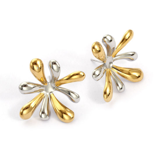 Imagen de 1 Par Recubrimiento al Vacío PVD Ecológico Elegante Exquisito 18K Oro Real Chapado & Tono de Plata 304 Acero Inoxidable Flor Dos Colores Pendientes de Poste de Oreja Para Mujeres Regalo 3.2cm x 3.1cm, Tamaño del Poste: 0.7mm(21 gauge)