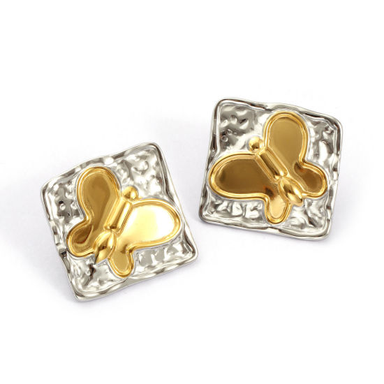 Imagen de 1 Par Recubrimiento al Vacío PVD Ecológico Elegante 18K Oro Real Chapado & Tono de Plata 304 Acero Inoxidable Diamond Mariposa Dos Colores Pendientes de Poste de Oreja Para Mujeres 3.6cm x 3.5cm, Tamaño del Poste: 0.7mm(21 gauge)