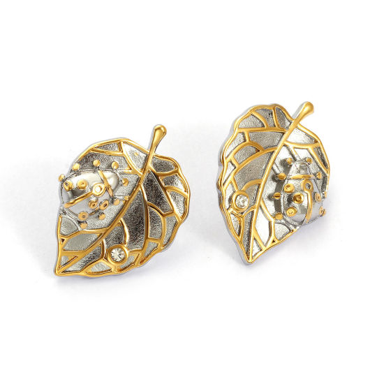 Imagen de 1 Par Recubrimiento al Vacío PVD Ecológico Elegante 18K Oro Real Chapado & Tono de Plata 304 Acero Inoxidable Hoja Mariquita Dos Colores Pendientes de Poste de Oreja Para Mujeres 3.2cm x 2.4cm, Tamaño del Poste: 0.7mm(21 gauge)