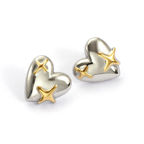 Imagen de 1 Par Recubrimiento al Vacío PVD Ecológico día de San Valentín 18K Oro Real Chapado & Tono de Plata 304 Acero Inoxidable Corazón Estrella Dos Colores Pendientes de Poste de Oreja Para Mujeres 20mm x 20mm, Tamaño del Poste: 0.7mm(21 gauge)