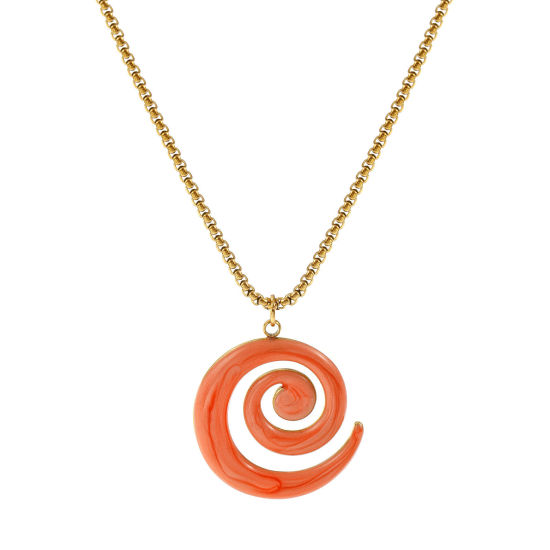 Bild von 18K Echtgold plattiert Venezianerkette Spiral Anhänger Halskette, 304 Edelstahl 45cm + 5cm, Für Frauen, Orange Rosa Emaille Perlmuttartig, Stilvoll Exquisit Geschenk, Umweltfreundliche PVD-Vakuumbeschichtung, 1 Strang