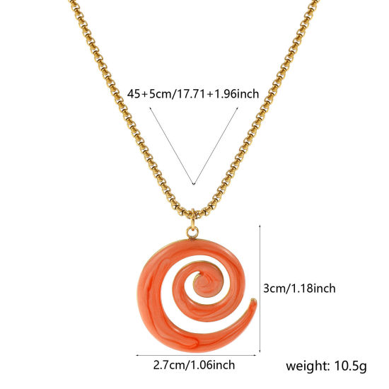 Bild von 18K Echtgold plattiert Venezianerkette Spiral Anhänger Halskette, 304 Edelstahl 45cm + 5cm, Für Frauen, Orange Rosa Emaille Perlmuttartig, Stilvoll Exquisit Geschenk, Umweltfreundliche PVD-Vakuumbeschichtung, 1 Strang