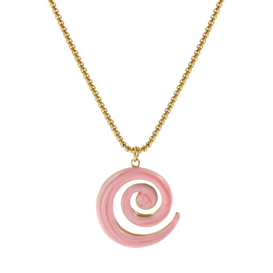 Bild von 18K Echtgold plattiert Venezianerkette Spiral Anhänger Halskette, 304 Edelstahl 45cm + 5cm, Für Frauen, Hellrosa Emaille Perlmuttartig, Stilvoll Exquisit Geschenk, Umweltfreundliche PVD-Vakuumbeschichtung, 1 Strang