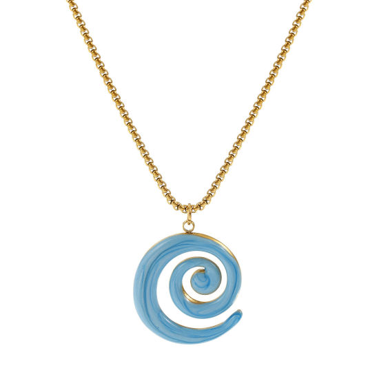 Bild von 18K Echtgold plattiert Venezianerkette Spiral Anhänger Halskette, 304 Edelstahl 45cm + 5cm, Für Frauen, Blau Emaille Perlmuttartig, Stilvoll Exquisit Geschenk, Umweltfreundliche PVD-Vakuumbeschichtung, 1 Strang