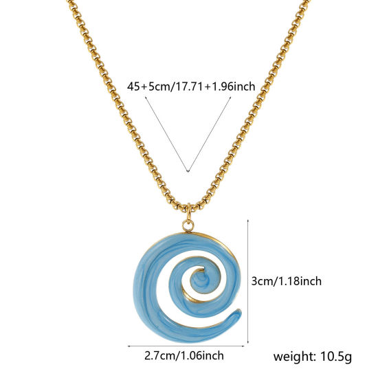 Bild von 18K Echtgold plattiert Venezianerkette Spiral Anhänger Halskette, 304 Edelstahl 45cm + 5cm, Für Frauen, Blau Emaille Perlmuttartig, Stilvoll Exquisit Geschenk, Umweltfreundliche PVD-Vakuumbeschichtung, 1 Strang