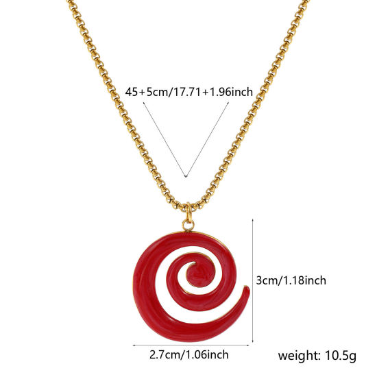 Bild von 18K Echtgold plattiert Venezianerkette Spiral Anhänger Halskette, 304 Edelstahl 45cm + 5cm, Für Frauen, Rot Emaille Perlmuttartig, Stilvoll Exquisit Geschenk, Umweltfreundliche PVD-Vakuumbeschichtung, 1 Strang