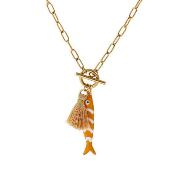 Bild von 18K Echtgold plattiert Büroklammerkette Fisch Anhänger Halskette, 304 Edelstahl & Polyester 45cm, Für Frauen, Quaste Orange Doppelseitige Emaille, Ozean Schmuck Geschenk, Umweltfreundliche PVD-Vakuumbeschichtung, 1 Strang