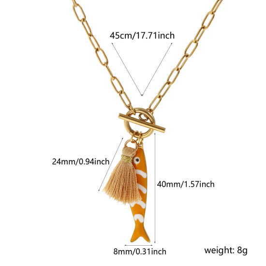 Bild von 18K Echtgold plattiert Büroklammerkette Fisch Anhänger Halskette, 304 Edelstahl & Polyester 45cm, Für Frauen, Quaste Orange Doppelseitige Emaille, Ozean Schmuck Geschenk, Umweltfreundliche PVD-Vakuumbeschichtung, 1 Strang