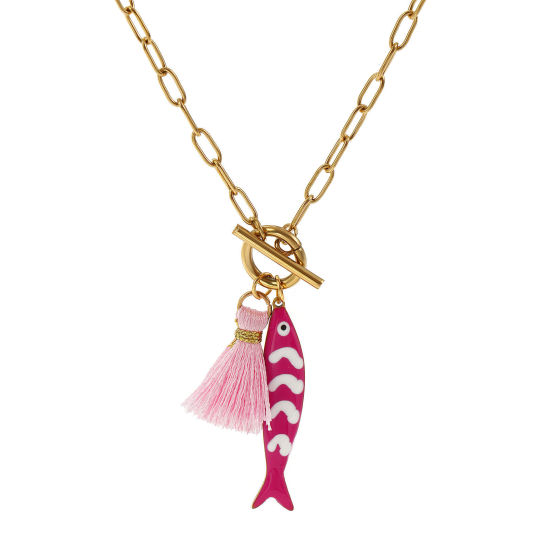 Bild von 18K Echtgold plattiert Büroklammerkette Fisch Anhänger Halskette, 304 Edelstahl & Polyester 45cm, Für Frauen, Quaste Fuchsie Doppelseitige Emaille, Ozean Schmuck Geschenk, Umweltfreundliche PVD-Vakuumbeschichtung, 1 Strang