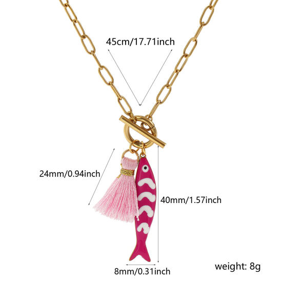 Bild von 18K Echtgold plattiert Büroklammerkette Fisch Anhänger Halskette, 304 Edelstahl & Polyester 45cm, Für Frauen, Quaste Fuchsie Doppelseitige Emaille, Ozean Schmuck Geschenk, Umweltfreundliche PVD-Vakuumbeschichtung, 1 Strang