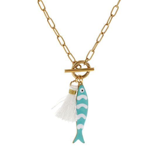 Bild von 18K Echtgold plattiert Büroklammerkette Fisch Anhänger Halskette, 304 Edelstahl & Polyester 45cm, Für Frauen, Quaste Mintgrün Doppelseitige Emaille, Ozean Schmuck Geschenk, Umweltfreundliche PVD-Vakuumbeschichtung, 1 Strang