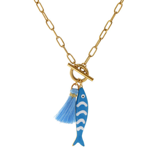 Bild von 18K Echtgold plattiert Büroklammerkette Fisch Anhänger Halskette, 304 Edelstahl & Polyester 45cm, Für Frauen, Quaste Azurblau Doppelseitige Emaille, Ozean Schmuck Geschenk, Umweltfreundliche PVD-Vakuumbeschichtung, 1 Strang