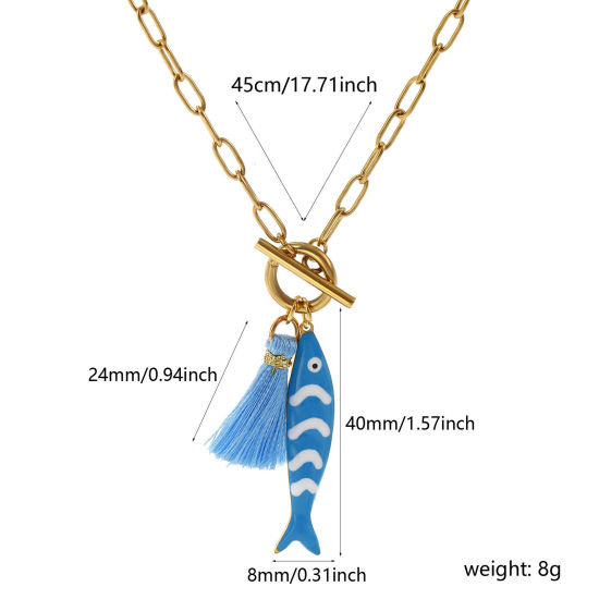 Bild von 18K Echtgold plattiert Büroklammerkette Fisch Anhänger Halskette, 304 Edelstahl & Polyester 45cm, Für Frauen, Quaste Azurblau Doppelseitige Emaille, Ozean Schmuck Geschenk, Umweltfreundliche PVD-Vakuumbeschichtung, 1 Strang