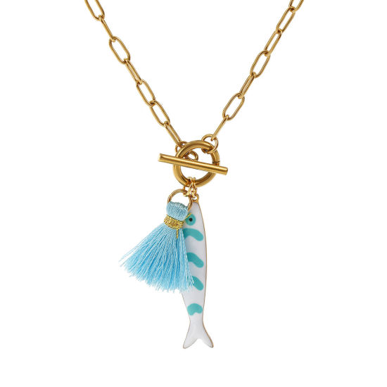 Bild von 18K Echtgold plattiert Büroklammerkette Fisch Anhänger Halskette, 304 Edelstahl & Polyester 45cm, Für Frauen, Quaste Mintgrün Doppelseitige Emaille, Ozean Schmuck Geschenk, Umweltfreundliche PVD-Vakuumbeschichtung, 1 Strang