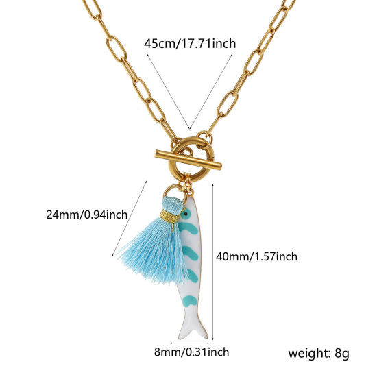 Bild von 18K Echtgold plattiert Büroklammerkette Fisch Anhänger Halskette, 304 Edelstahl & Polyester 45cm, Für Frauen, Quaste Mintgrün Doppelseitige Emaille, Ozean Schmuck Geschenk, Umweltfreundliche PVD-Vakuumbeschichtung, 1 Strang