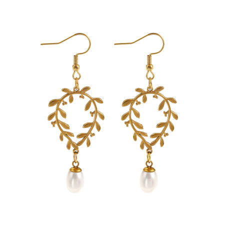 1 Пара Экологичное вакуумное PVD-покрытие Стильный Изысканный 18K настоящее золото с покрытием Белый Нержавеющая сталь 304 и натуральный жемчуг Лист Серьги Для женщин подарок 6.6см x 2.3см, Размер провода: 0.7мм(21 калибров)