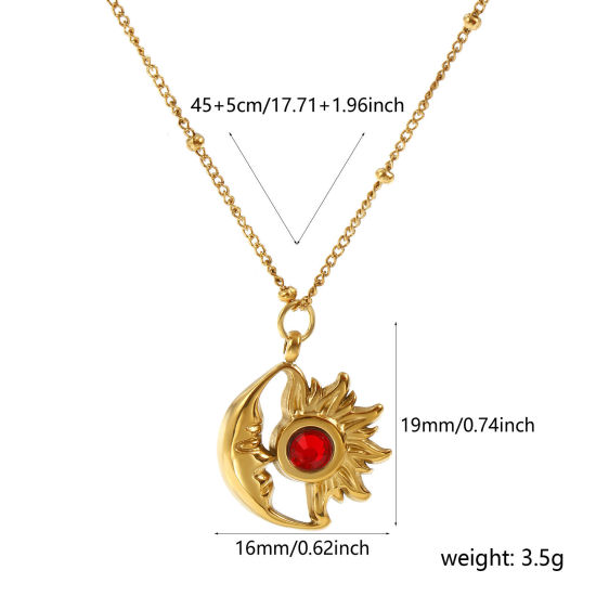 Immagine di 18K Vero Oro Placcato Catena del Barbazzale Sole & Luna Collana con Ciondolo, 304 Acciaio Inossidabile & Strass 45cm + 5cm, Per Donne, Vino Rosso Strass Gennaio Pietre Nascita Placcatura Sottovuoto PVD Ecologica, 1 Pz