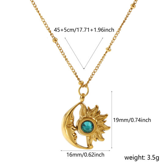 Immagine di 18K Vero Oro Placcato Catena del Barbazzale Sole & Luna Collana con Ciondolo, 304 Acciaio Inossidabile & Strass 45cm + 5cm, Per Donne, Verde Strass Maggio Elegante Pietre Nascita Placcatura Sottovuoto PVD Ecologica, 1 Pz