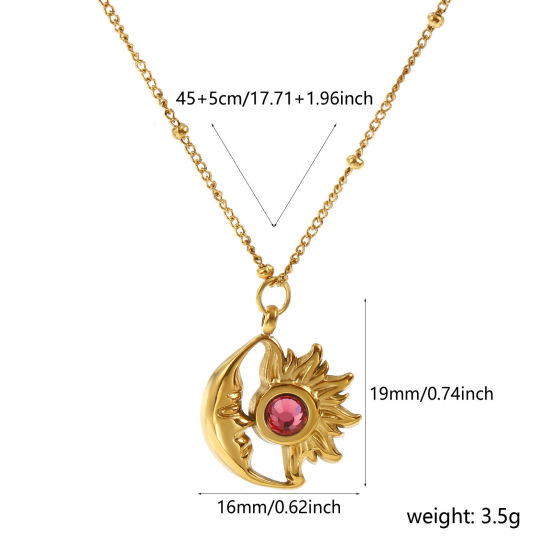 Immagine di 18K Vero Oro Placcato Catena del Barbazzale Sole & Luna Collana con Ciondolo, 304 Acciaio Inossidabile & Strass 45cm + 5cm, Per Donne, Roso Strass Luglio Elegante Pietre Nascita Placcatura Sottovuoto PVD Ecologica, 1 Pz