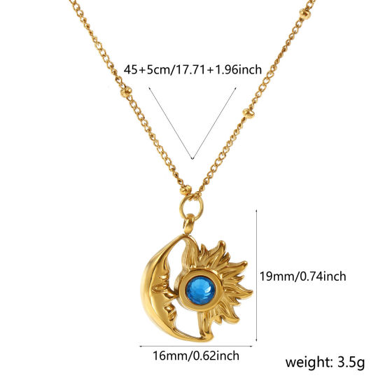 Immagine di 18K Vero Oro Placcato Catena del Barbazzale Sole & Luna Collana con Ciondolo, 304 Acciaio Inossidabile & Strass 45cm + 5cm, Per Donne, Blu Marino Strass Settembre Pietre Nascita Placcatura Sottovuoto PVD Ecologica, 1 Pz