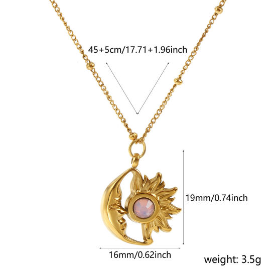 Immagine di 18K Vero Oro Placcato Catena del Barbazzale Sole & Luna Collana con Ciondolo, 304 Acciaio Inossidabile & Strass 45cm + 5cm, Per Donne, Rosa Chiaro Strass Ottobre Pietre Nascita Placcatura Sottovuoto PVD Ecologica, 1 Pz